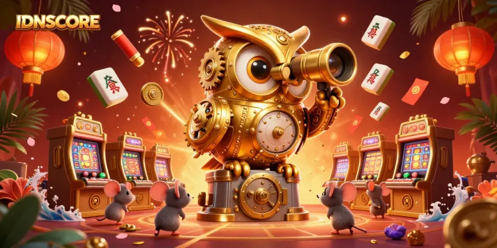 Engage in thrilling experiences at IDNSCORE with captivating golden owl scanning a vibrant casino floor.