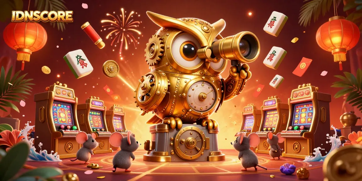 Engage in thrilling experiences at IDNSCORE with captivating golden owl scanning a vibrant casino floor.