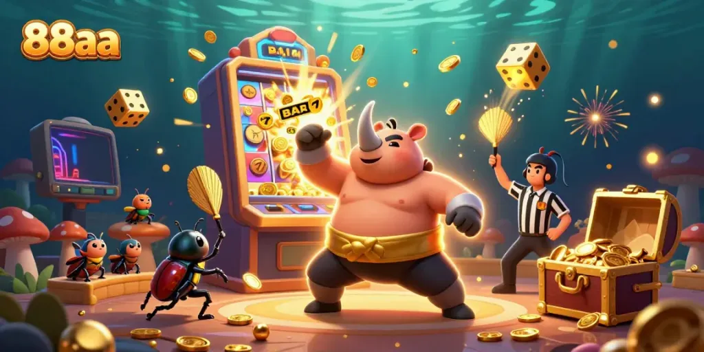 Experience the thrill of 88aa's online casino with lively characters and vibrant gaming elements.
