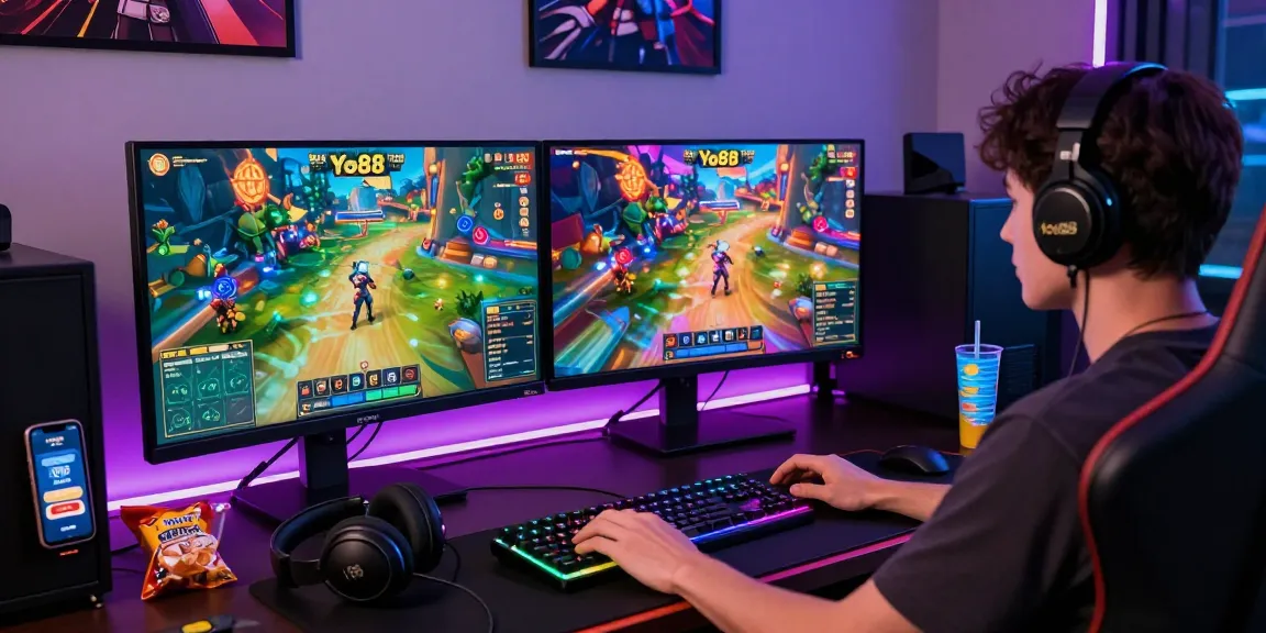 Exciting online gaming scene with Yo88 gameplay displayed on dual monitors, showcasing vibrant graphics and immersive atmosphere.