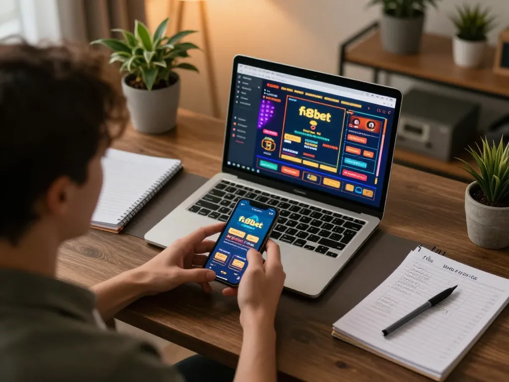 Play f8bet online casino games on smartphone in a stylish home office