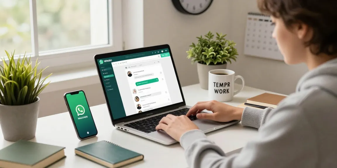在现代家庭办公室笔记本电脑上使用WhatsApp Web，展现舒适的工作空间元素。