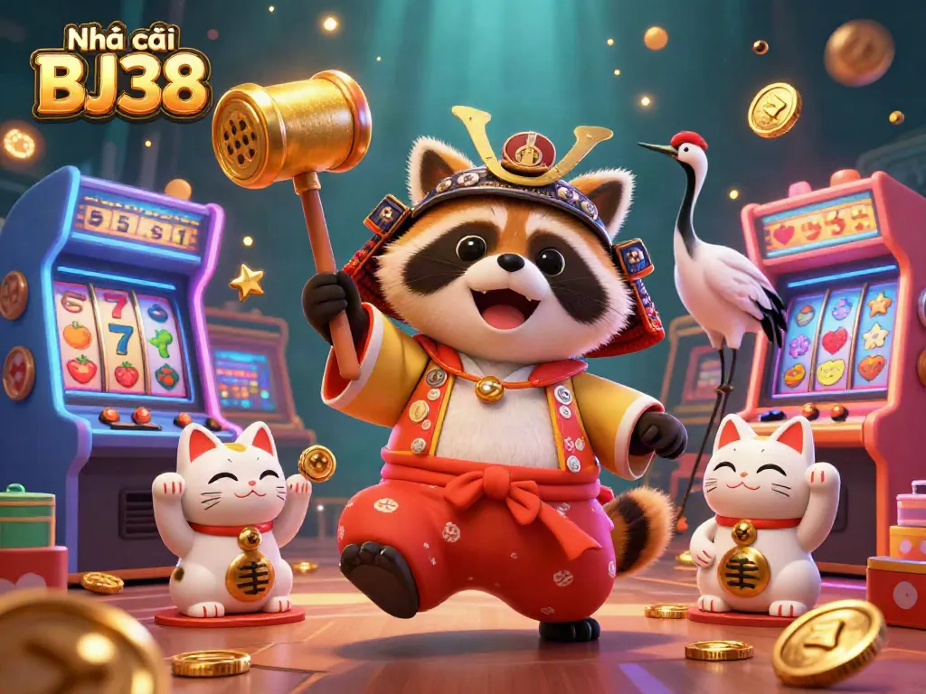 Join the fun at Nhà cái BJ38 with vibrant slots and a cheerful tanuki celebrating wins!
