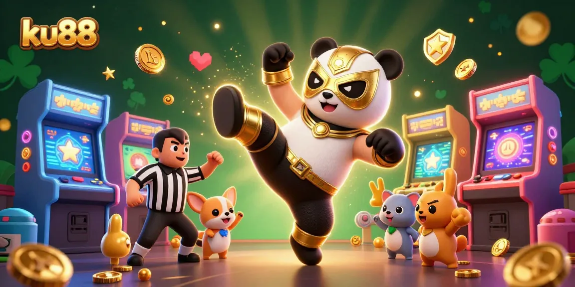 ku88 showcases a thrilling casino scene with a panda wrestler kicking, surrounded by arcade games.