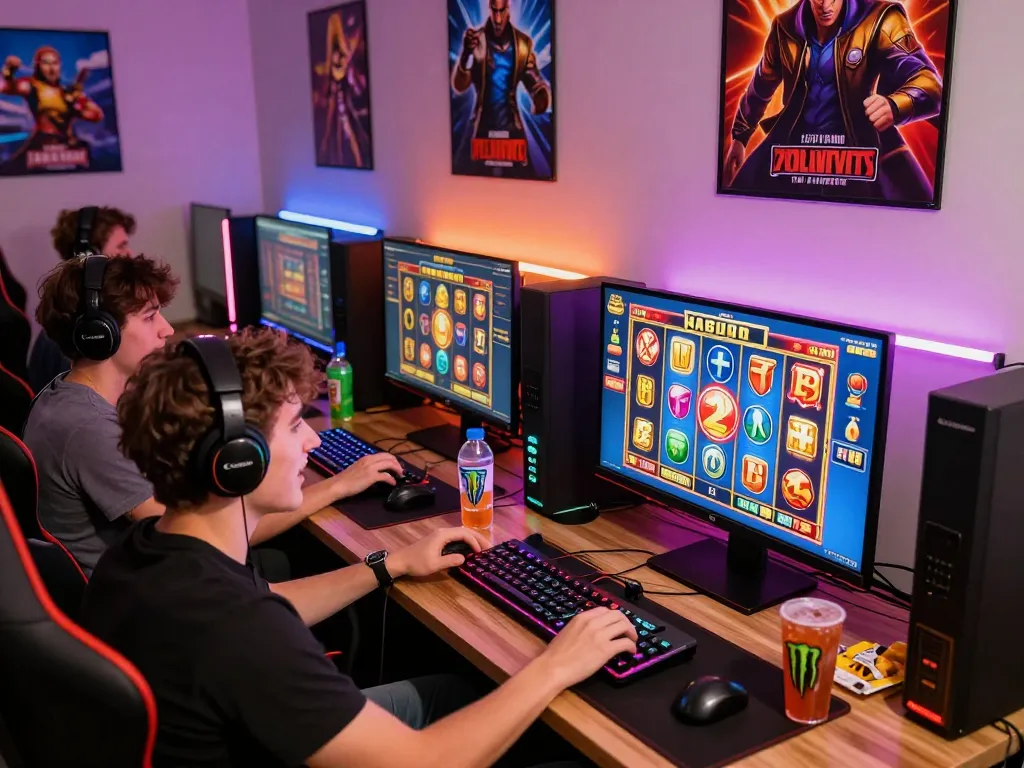 Friends enjoying online gaming at vegasslot77.com, with vibrant graphics and a cozy atmosphere.