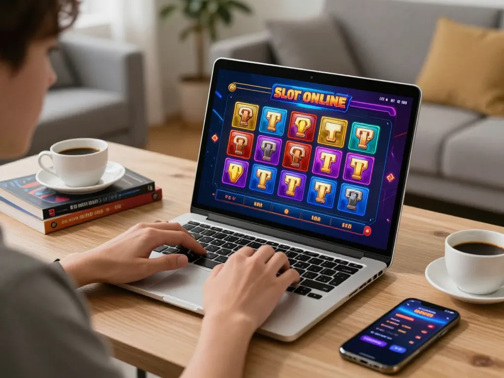Engaging gameplay of Slot Online on a laptop, highlighting vibrant graphics and focused player.