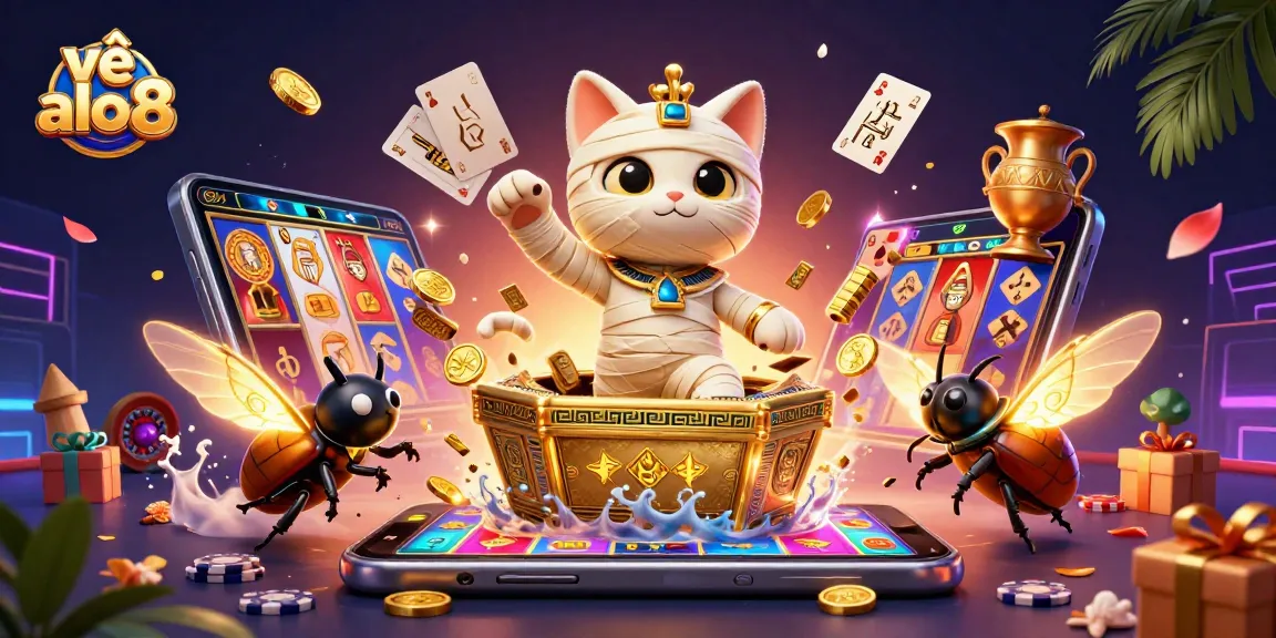 Experience excitement at ALO8, featuring a lively scene with an Egyptian mummy cat showcasing thrilling gambling action.