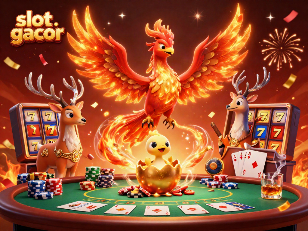 Engaging slot gacor scene showcasing a phoenix and stag in a vibrant casino atmosphere.