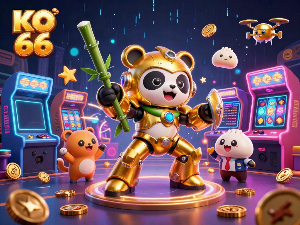 Experience KO 66 in an animated casino arena filled with vibrant game elements and characters.
