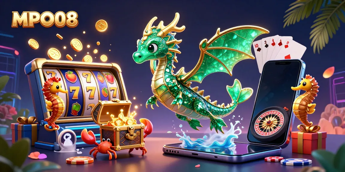 Engaging scene of MPO08 with vibrant sea dragon and slot game elements, perfect for online casino promotions.