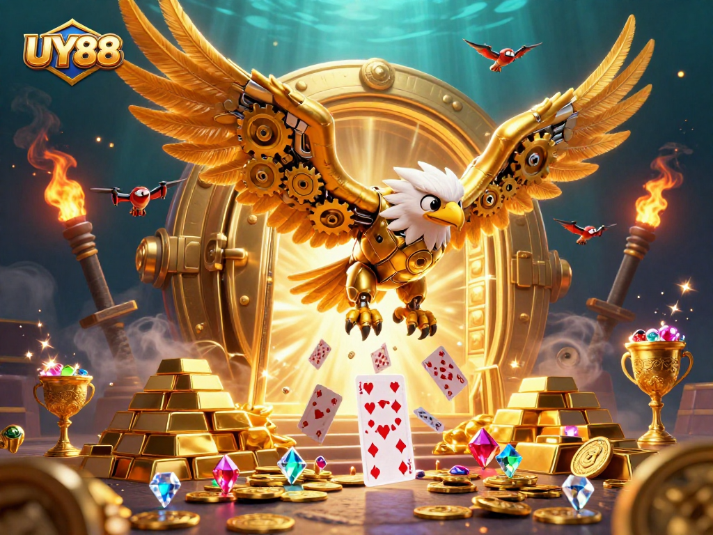 Experience thrilling gameplay with UY88 surrounded by treasures and holographic cards.