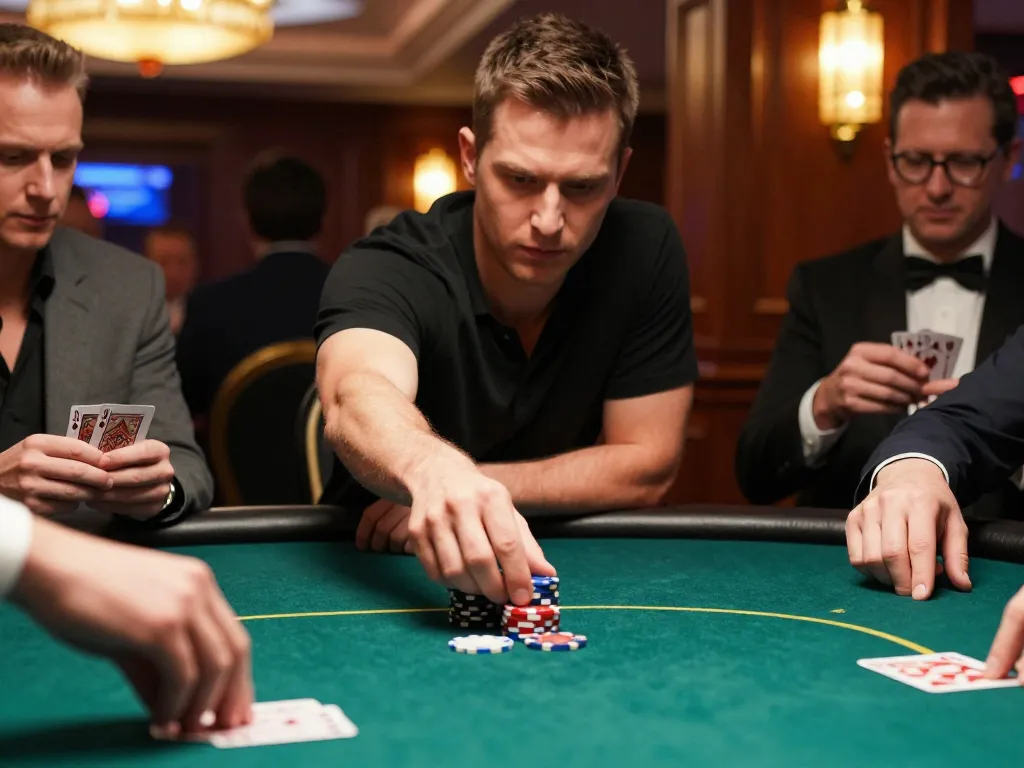 mantra88 players intensively strategizing in a high-stakes poker game at an upscale casino.