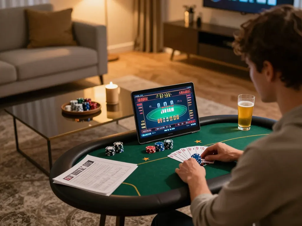 Hay88x player strategizing in an online poker game at home with laptop and notes