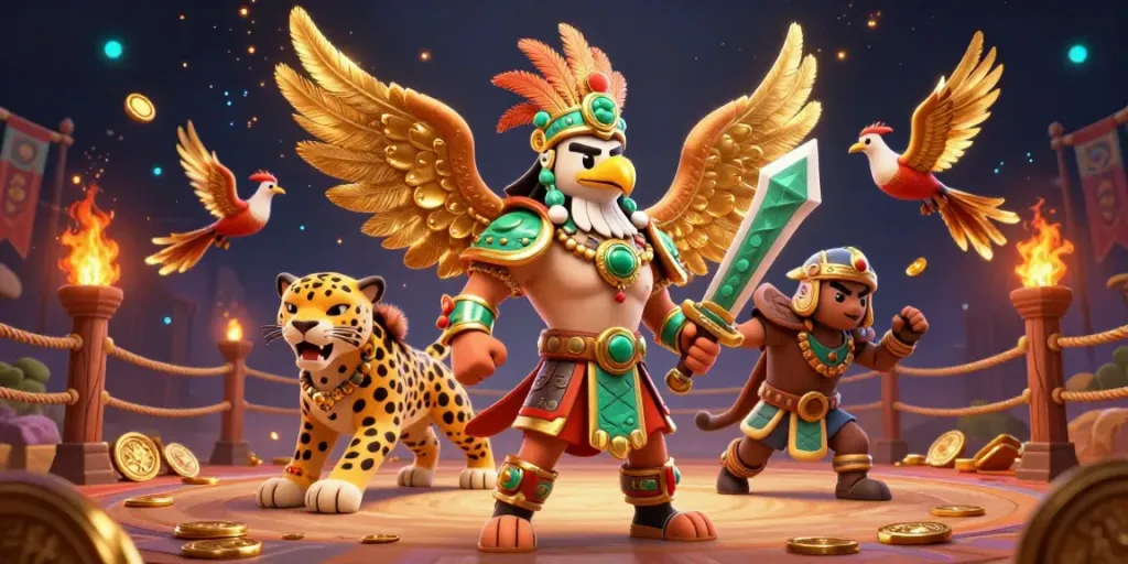 MANTIS88 gamers celebrate big wins with Aztec warriors and vibrant casino elements.