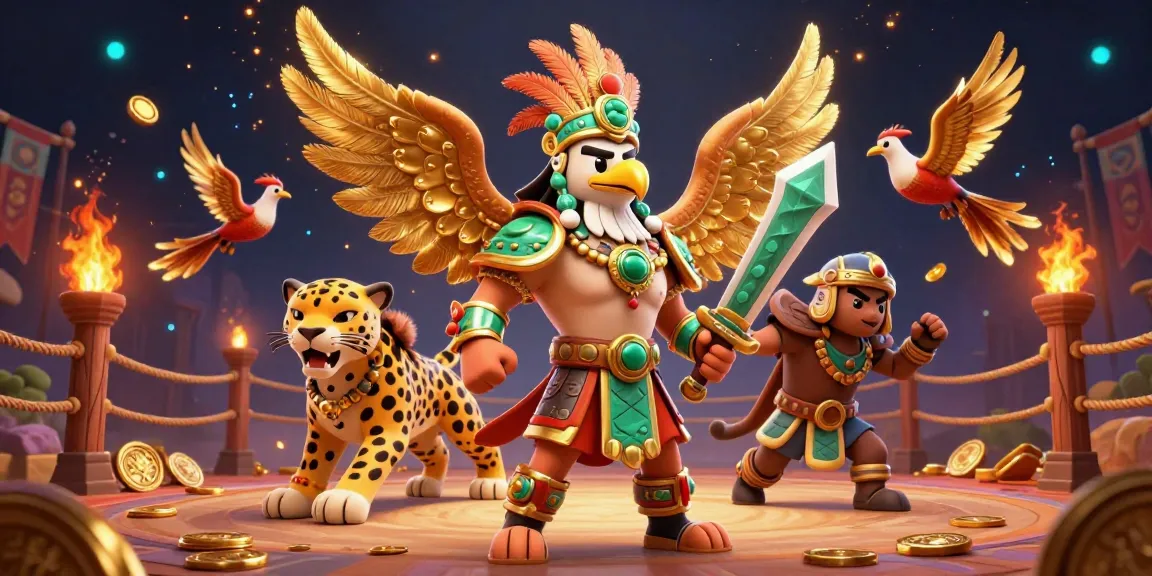 MANTIS88 gamers celebrate big wins with Aztec warriors and vibrant casino elements.