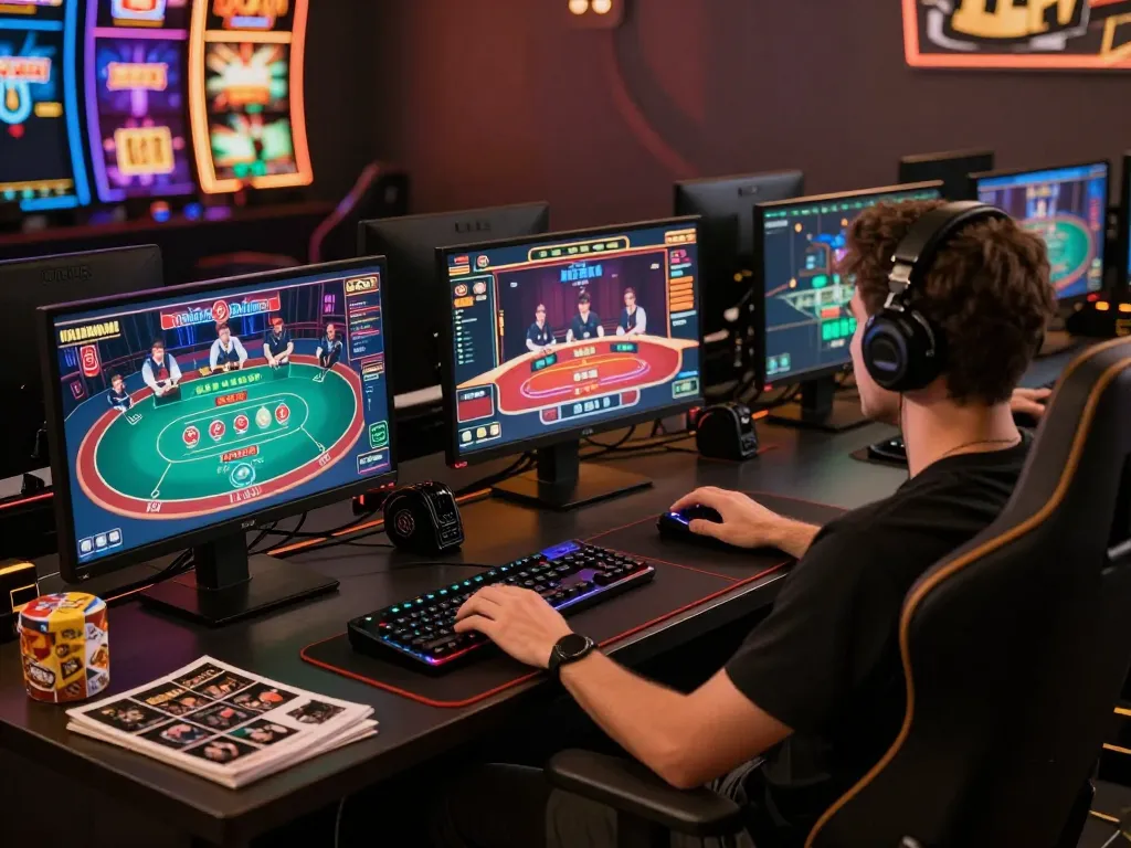 Fabet player strategizing in an organized online gaming setup, maximizing winning odds.