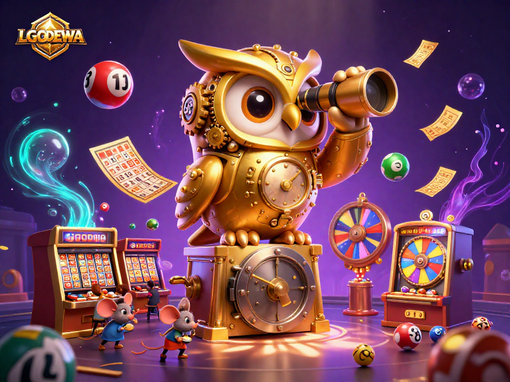 Witness LGODEWA's lively casino scene with a golden clockwork owl and delightful mouse patrons.