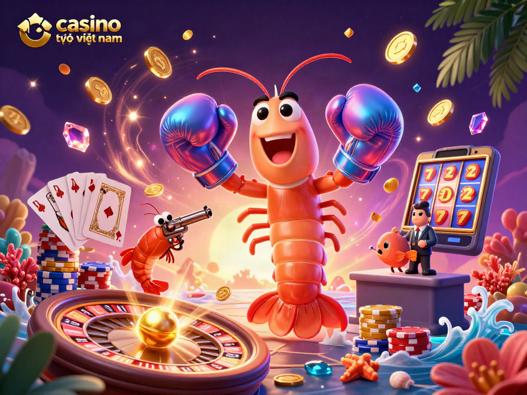 Các trò chơi casino trực tuyến việt nam với nhân vật 3D tuyệt đẹp và tiền vàng bay xung quanh.