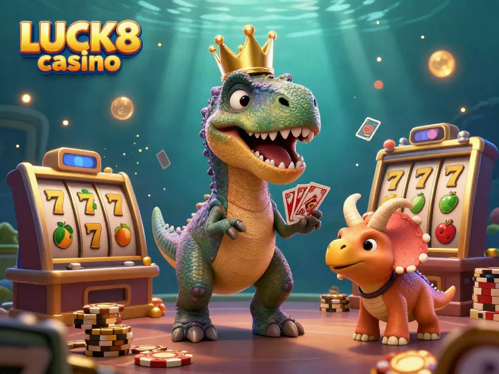 Experience the thrill of LUCK8 casino with this vibrant scene featuring a T-Rex and friends shuffling cards amidst dazzling slot elements.