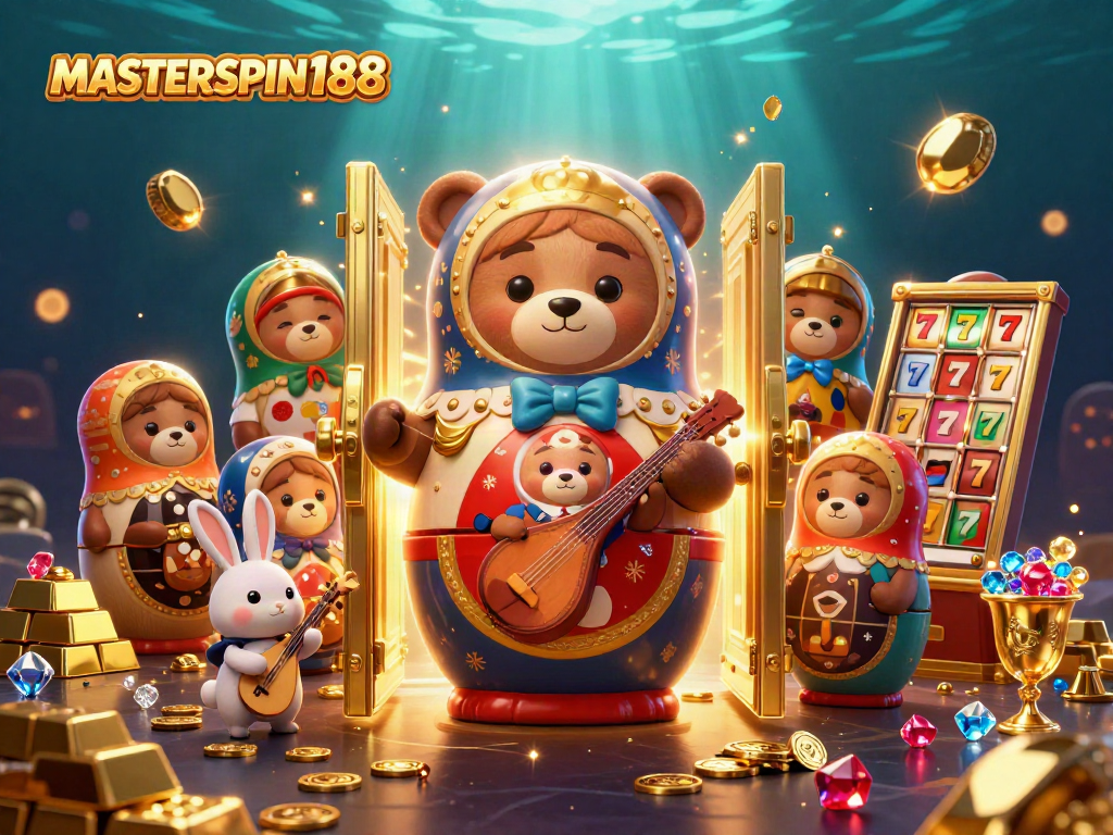 Spin your fortune with MASTERSPIN188's delightful casino-themed illustration revealing hidden treasures.