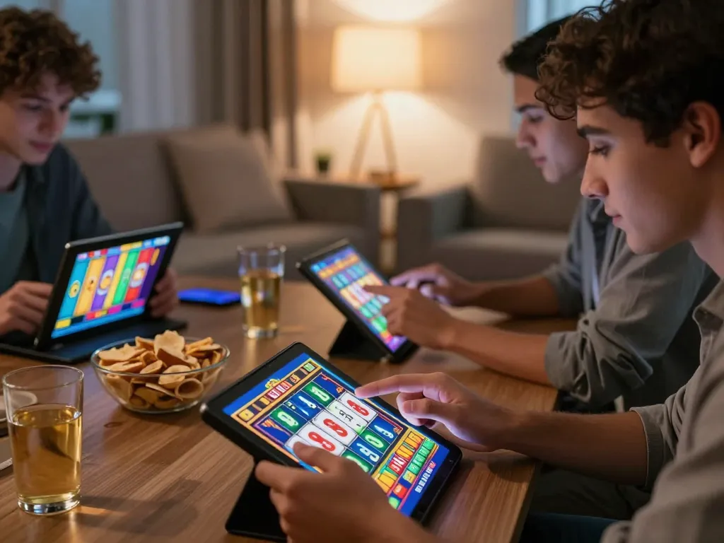 LGO SUPER players enjoying interactive online slot games on tablets at home.