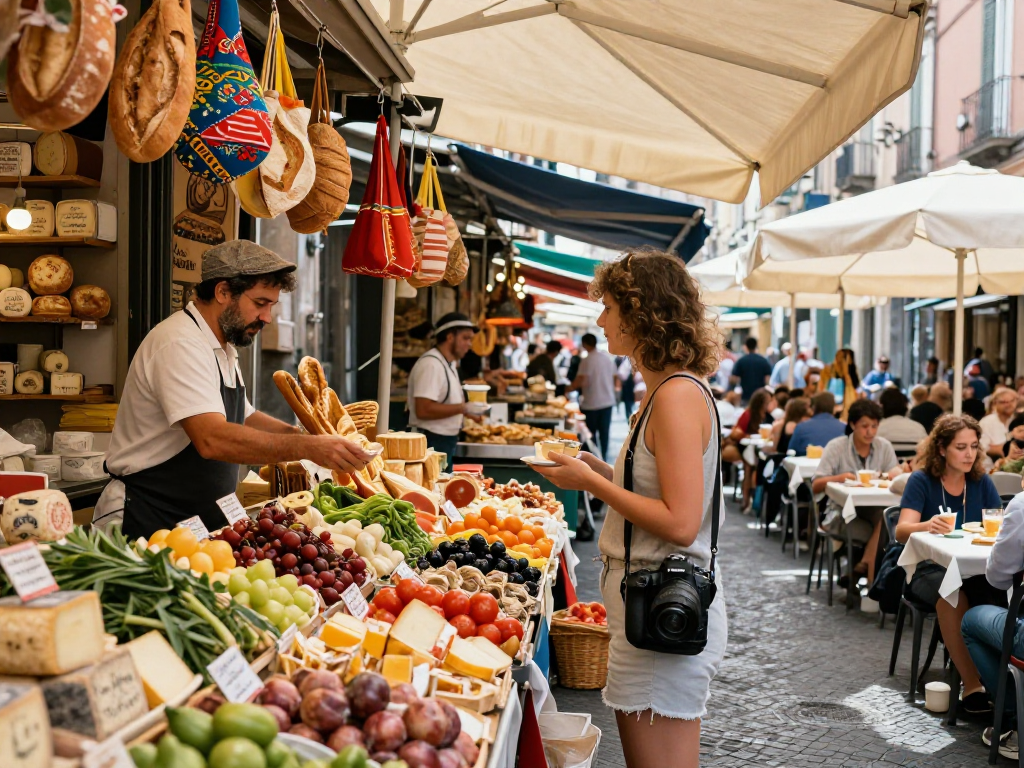 Enjoying lavowin daftar at a vibrant Naples market filled with fresh produce and diverse culinary delights.