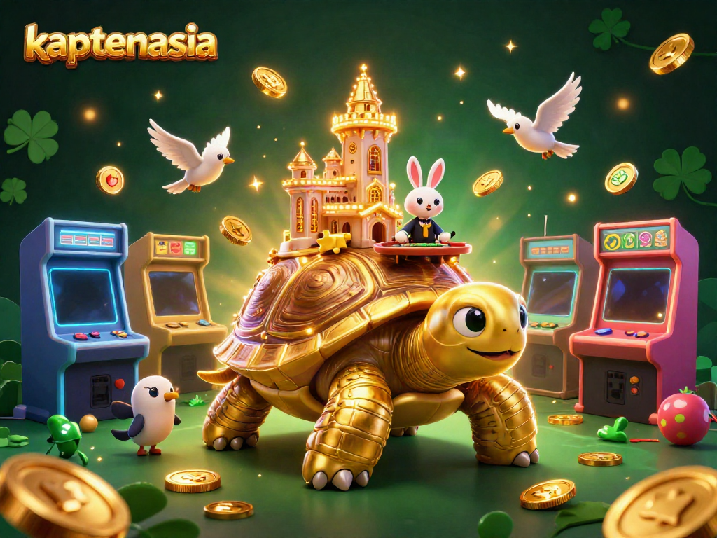 Kaptensia menampilkan ilustrasi 3D kartun dengan kura-kura emas raksasa dan dealer kelinci di atas kasino mini.