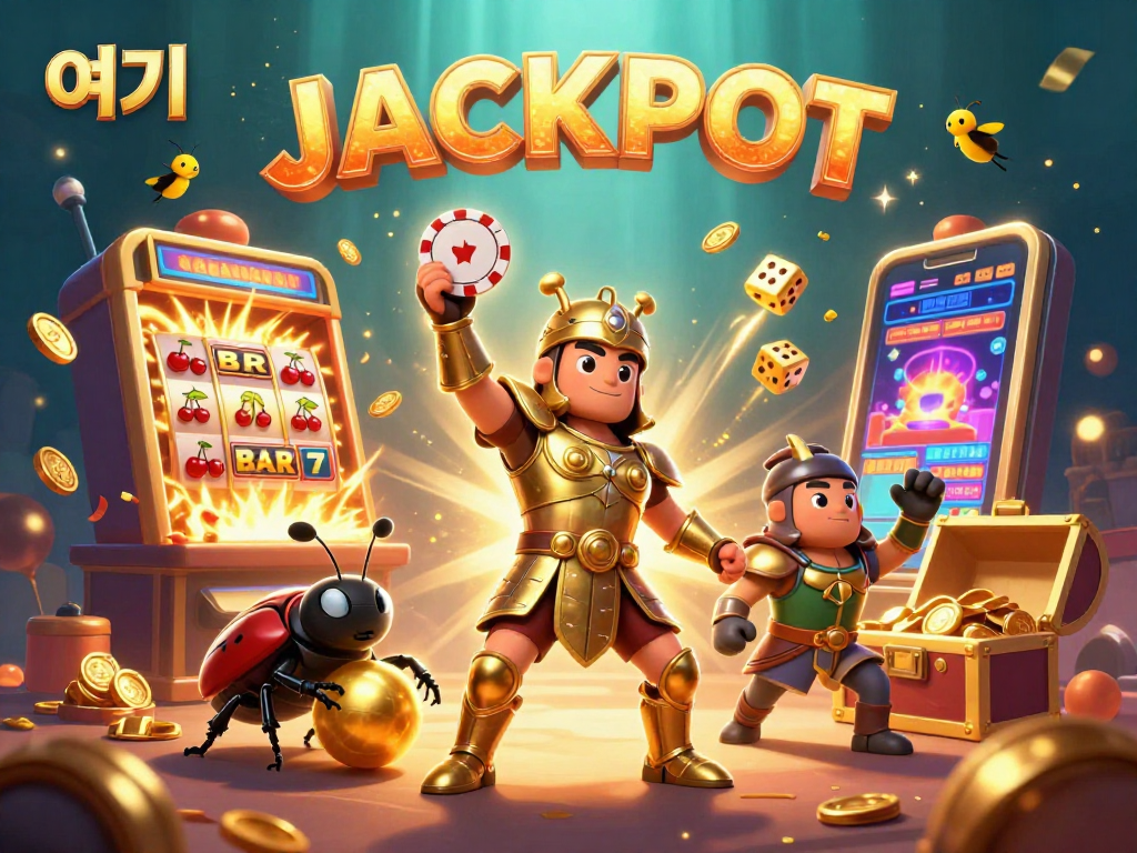 Spin the jackpot with 여기 as a victorious beetle lifts a poker chip amidst a festive casino scene.