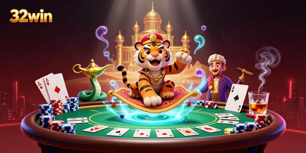 Experience the excitement of 32win with a vibrant casino night scene featuring a tiger sultan and poker elements.