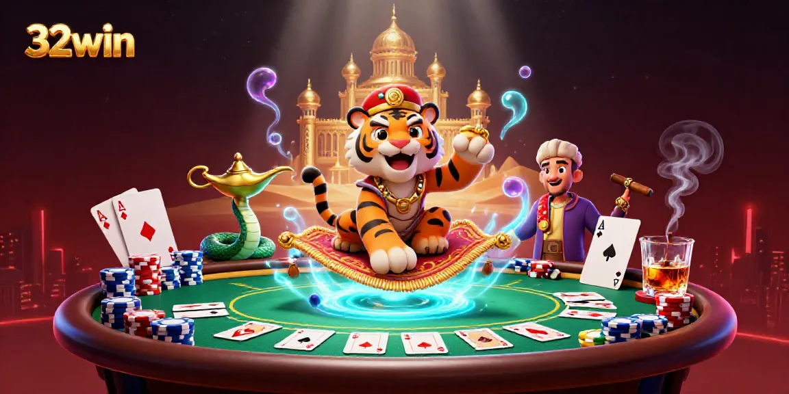 Experience the excitement of 32win with a vibrant casino night scene featuring a tiger sultan and poker elements.