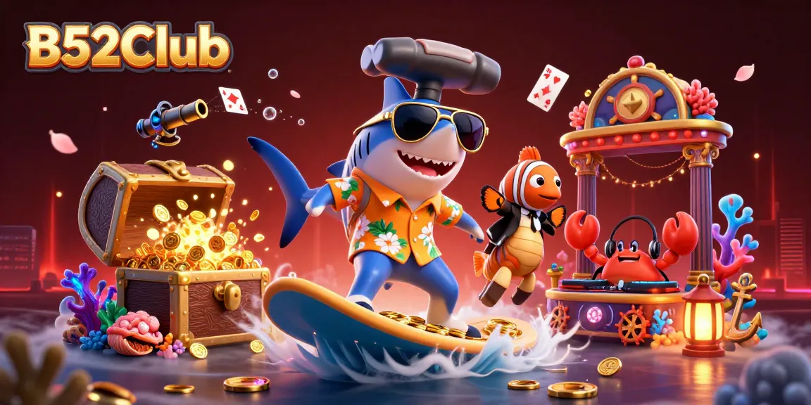 B52Club showcases an exciting underwater casino illustration featuring a shark, clownfish, crab DJ, and dynamic gaming elements.
