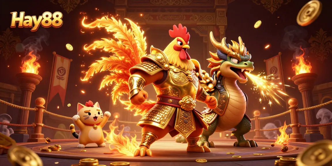 Experience thrilling matches at Hay88, featuring intense battles with a rooster warrior, dragon hatchling, and vibrant casino elements.