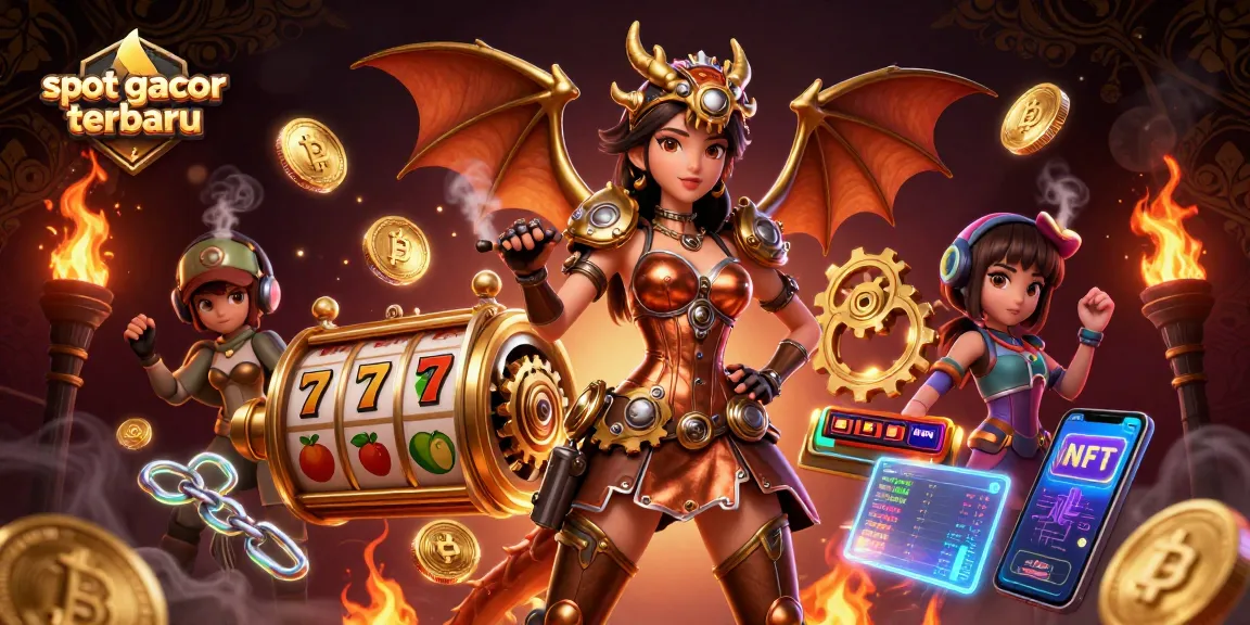 Engage with slots in this slot gacor terbaru illustration featuring vibrant 3D characters, reels, and crypto themes.