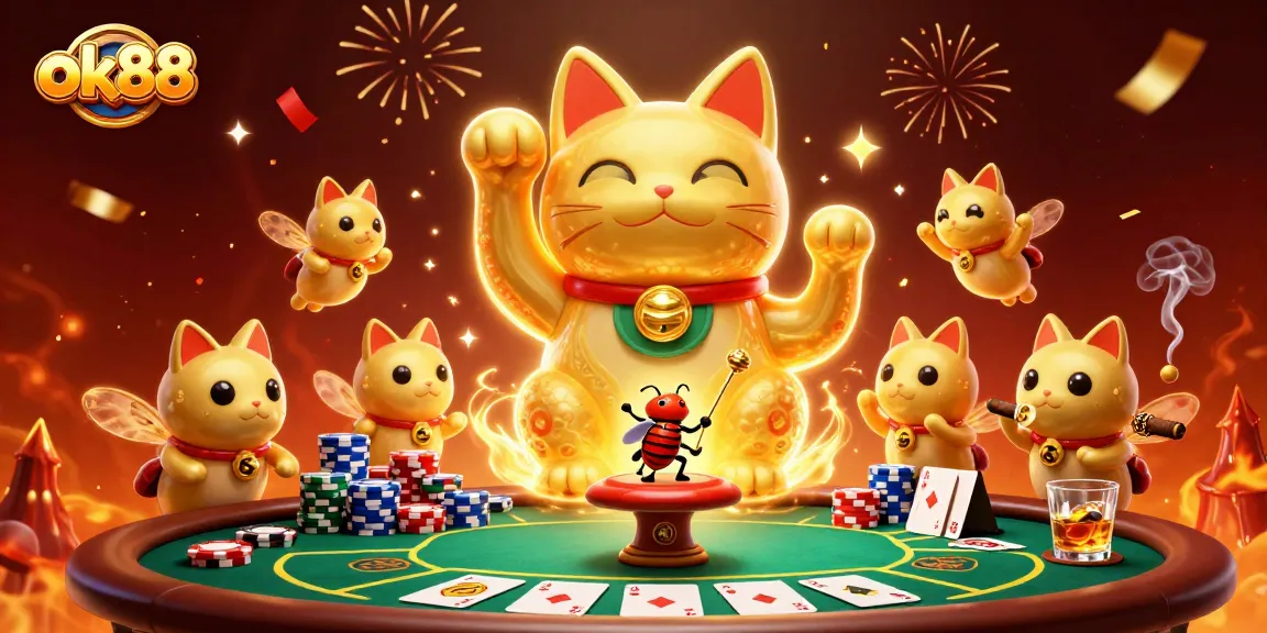 Experience the captivating world of ok88 with dazzling poker action featuring a waving lucky cat.