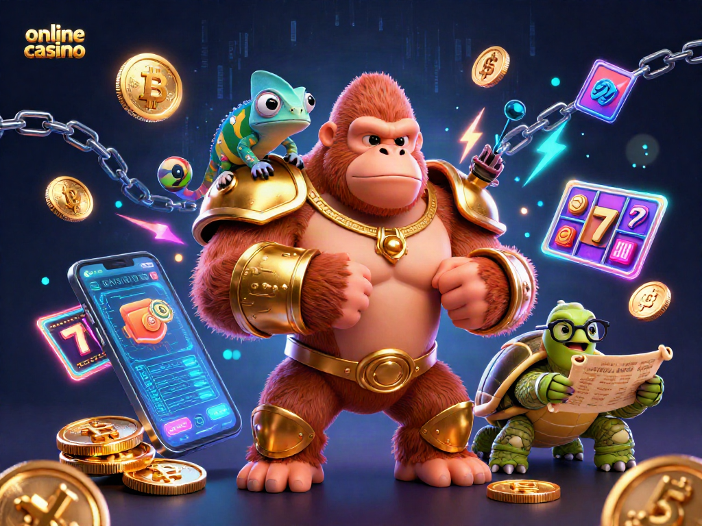 Gorila rey y tortuga sabia en casino online, rodeados de símbolos y monedas 3D.