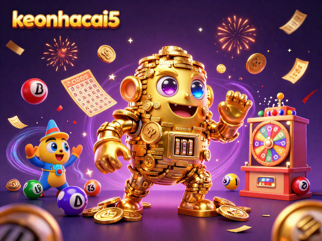 Join the excitement at keonhacai5 with a vibrant 3D casino scene bursting with lottery elements.