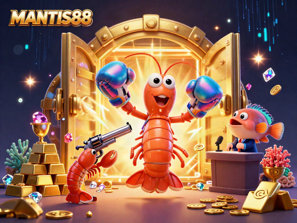 MANTIS88 delivers thrilling casino action featuring a dynamic mantis shrimp boxing champion amidst gold and treasure elements.