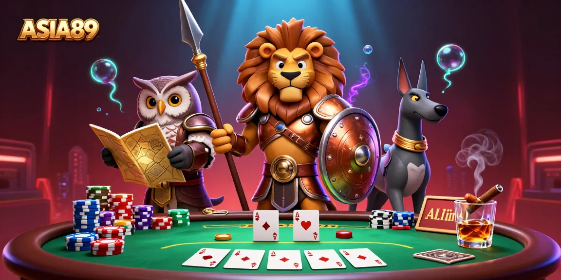 Engage in the excitement of ASIA89 with a dynamic 3D casino illustration featuring a Spartan lion, tactical owl, and greyhound surrounded by vibrant poker elements.