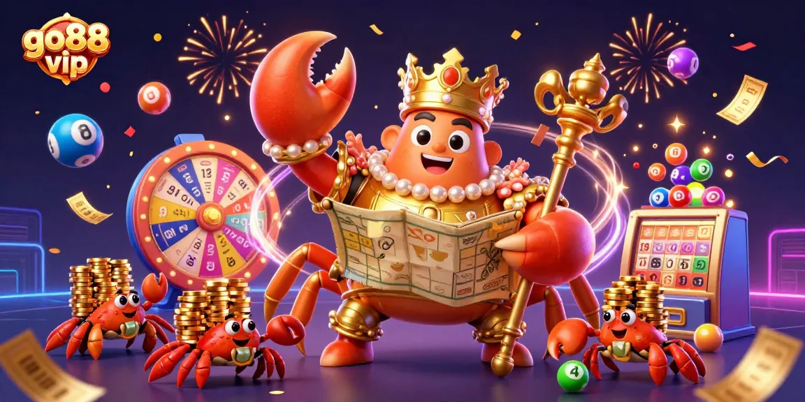 Play thrilling games with go88 vip, featuring an emperor crab and vibrant casino elements.