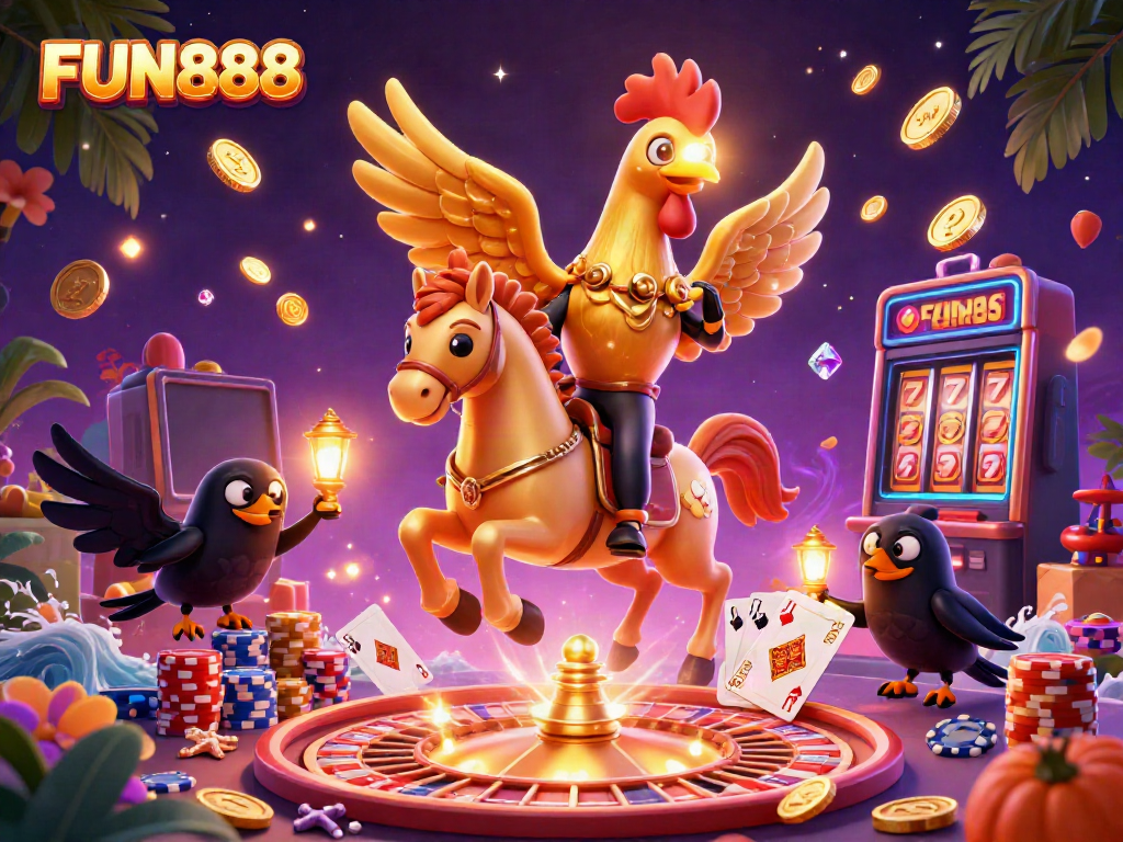 Experience the excitement of FUN888 with a golden rooster and companions amidst a bustling casino scene featuring rich gaming elements.
