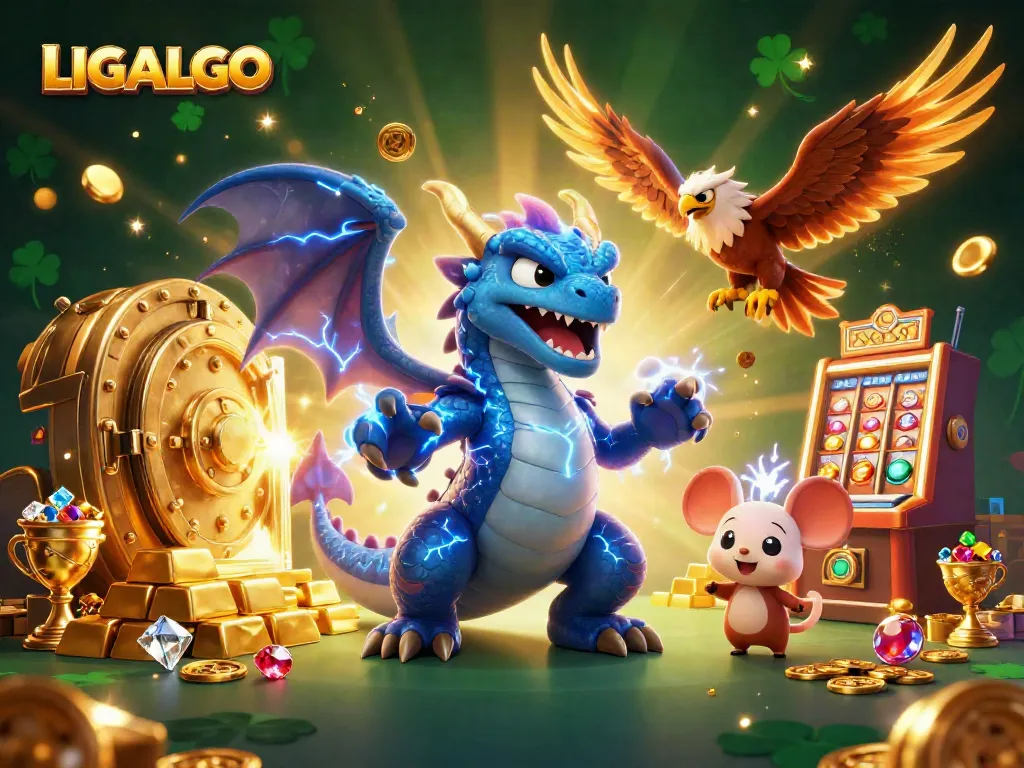 Experience thrilling wins at LIGALGO with a vibrant dragon and magical creatures amidst sparkling treasures.