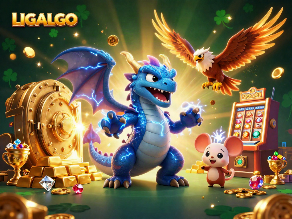 Experience thrilling wins at LIGALGO with a vibrant dragon and magical creatures amidst sparkling treasures.