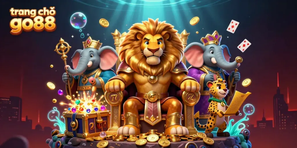 Experience the excitement at trang chủ go88 with a dynamic scene of a lion king and creatures in a vibrant casino setting.