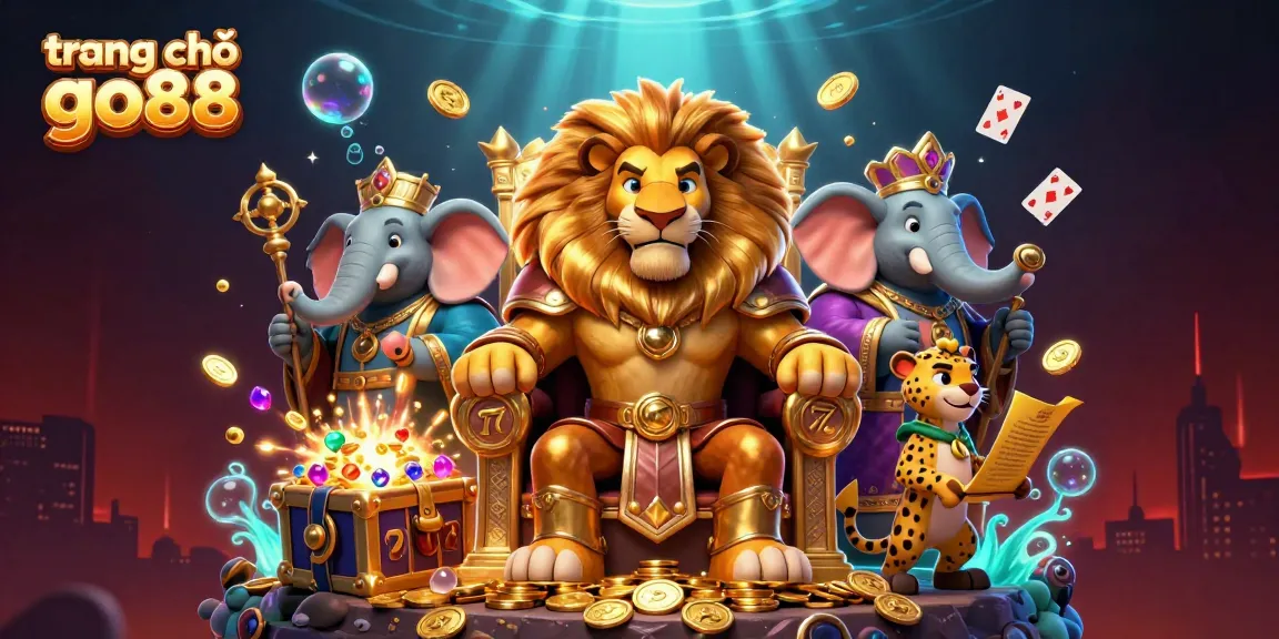Experience the excitement at trang chủ go88 with a dynamic scene of a lion king and creatures in a vibrant casino setting.
