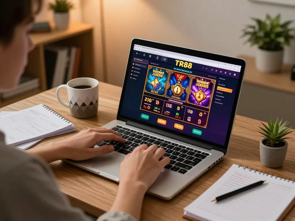 Player engaging with tr88 online casino on laptop while enjoying a cozy home atmosphere.
