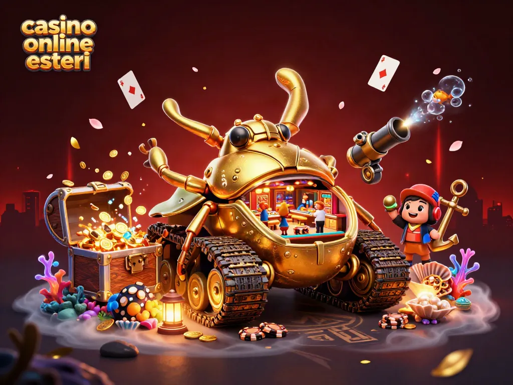 Casinò online esteri con un carro armato dorato che ospita un mini-casinò, circondato da tesori e decorazioni.