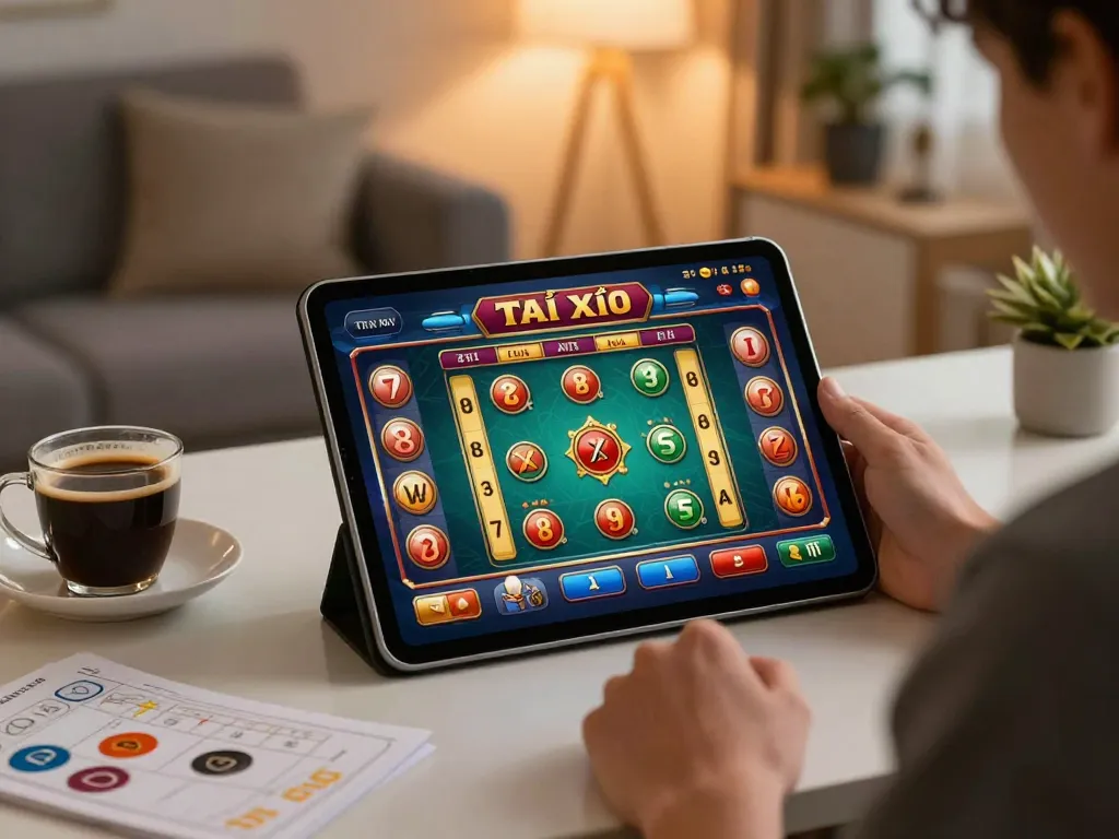 Player enjoys Tài Xỉu gaming on taixiuonline8 in cozy home setting with tablet and strategy notes.
