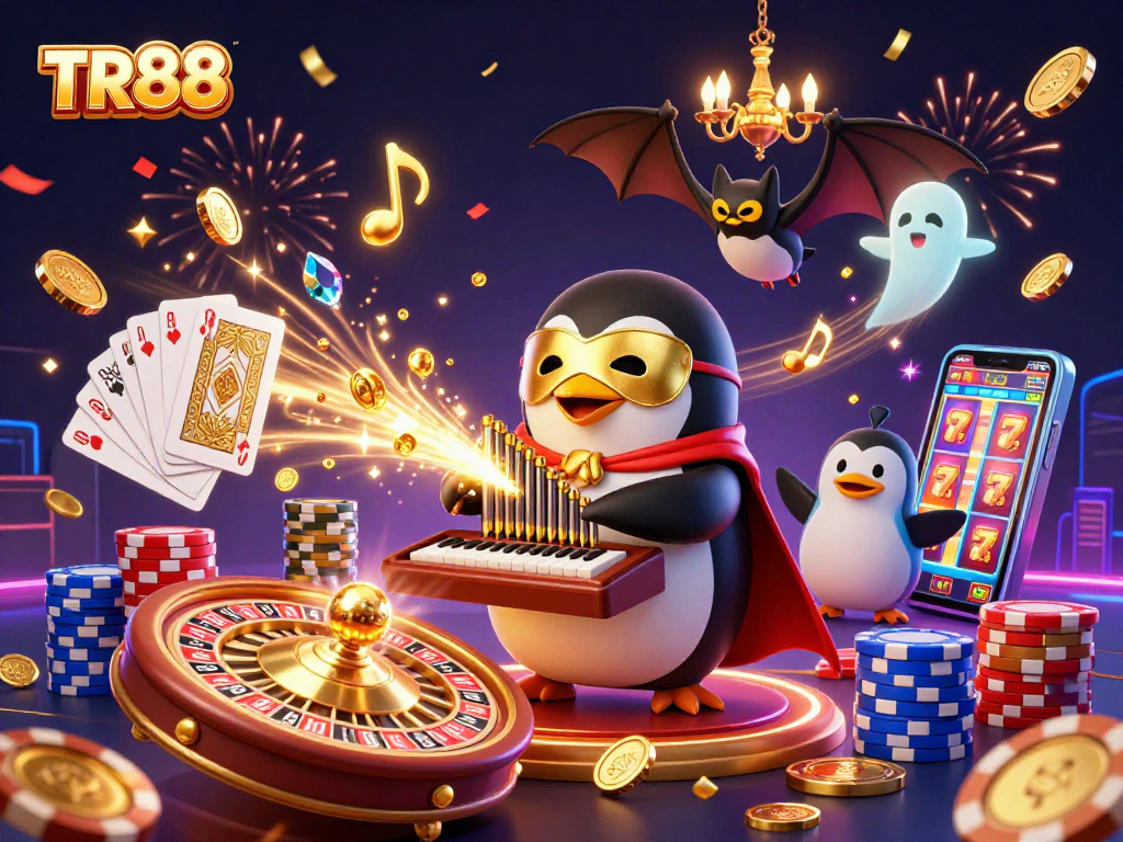 Experience thrilling wins with TR88's vibrant casino action scene featuring iconic games and characters.