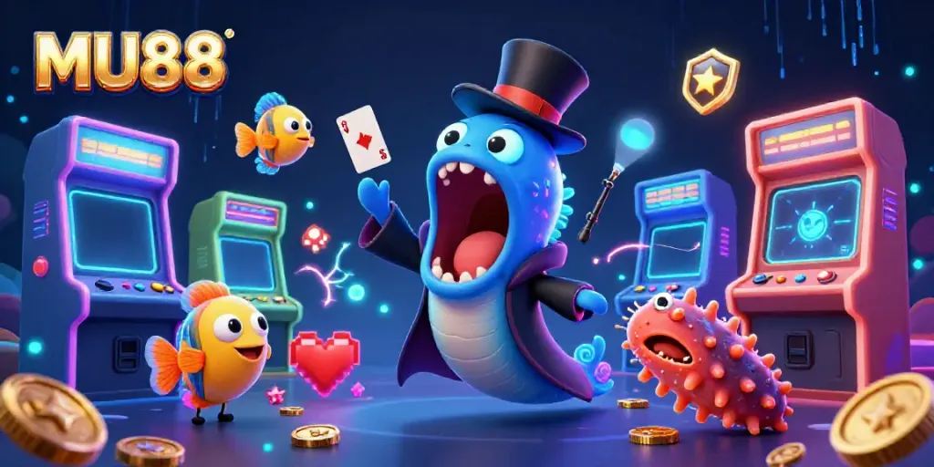 Engaging MU88 casino scene with a deep-sea eel magician, anglerfish spotlighting, and colorful gaming elements.