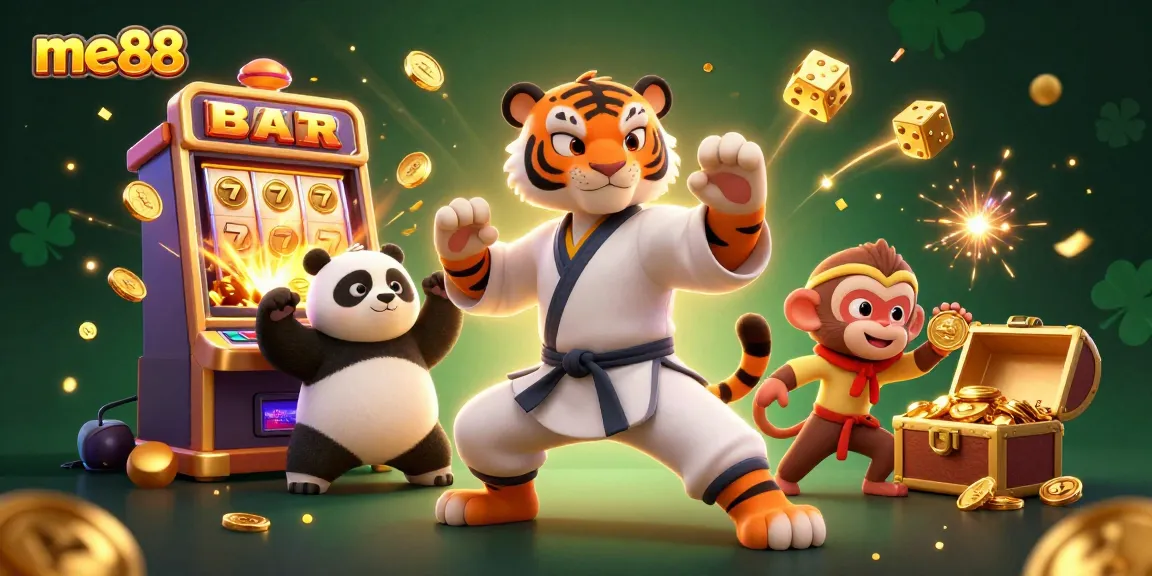 Experience the excitement of me88 as a kung fu tiger and friends create a jackpot explosion in a vibrant casino.